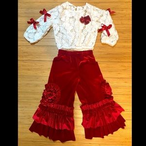 Pixie Girl for Chasing Fireflies Red Velvet Velour Ruffle Pants & White Top 4T
